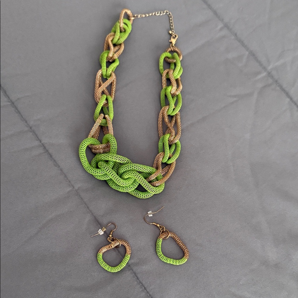 Green and Gold Chain Necklace and Earring Set